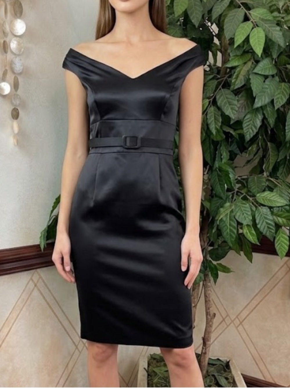 WHBM BLACK SATIN OFF-SHOULDER DRESS WITH BELT